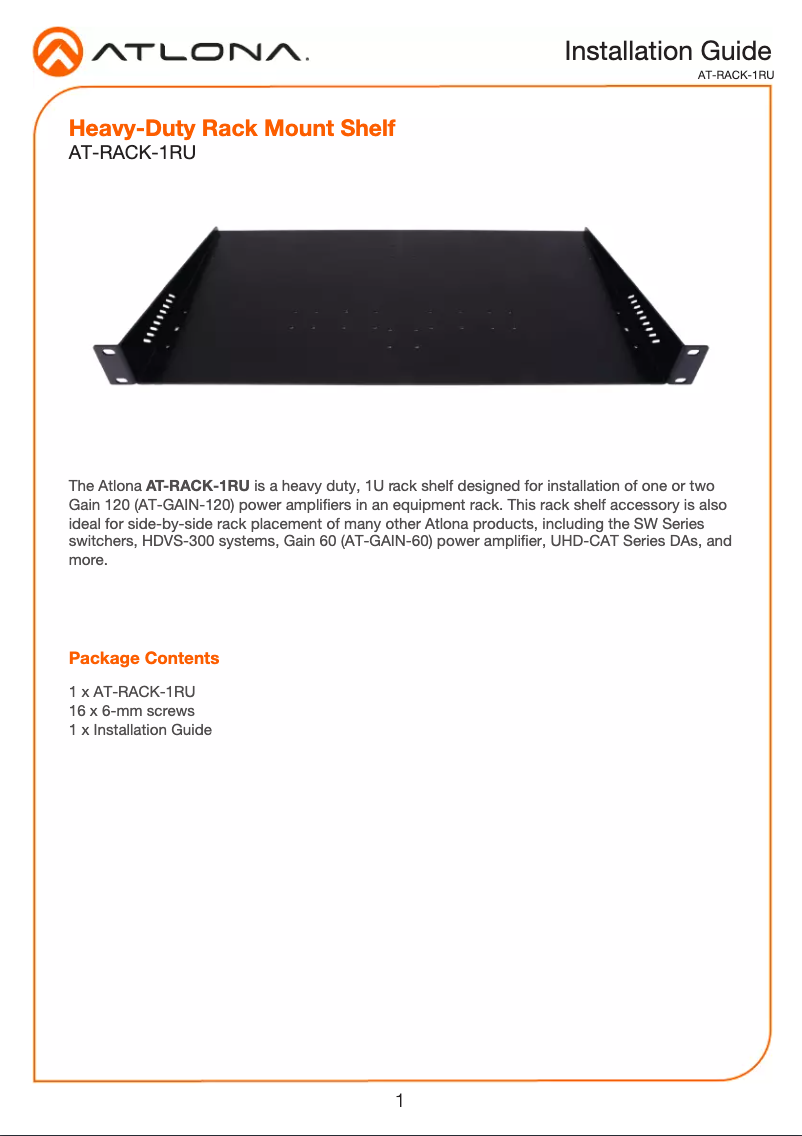 Page n°1 - Manuel utilisateur Atlona AT-RACK-1RU