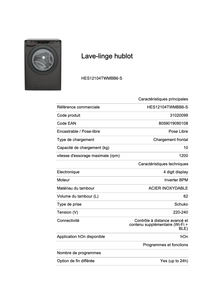 Image de la première page du manuel de l'appareil HES12104TWMBB6-S