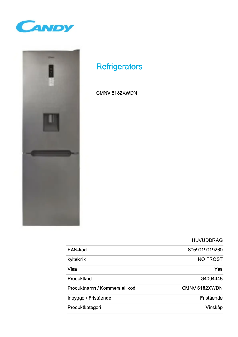 Page 1 de la notice Fiche technique Candy CMNV 6182XWDN