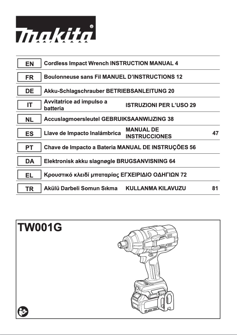 Page 1 de la notice Manuel utilisateur Makita TW001GM201