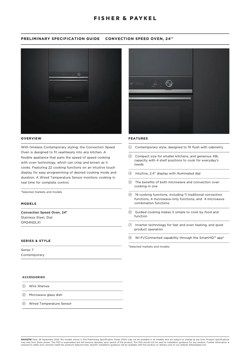Page 1 de la notice Fiche technique Fisher & Paykel OM24NDLX1