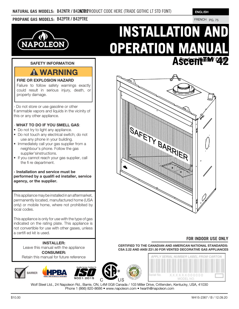 Page 1 de la notice Manuel utilisateur Napoleon Ascent 42