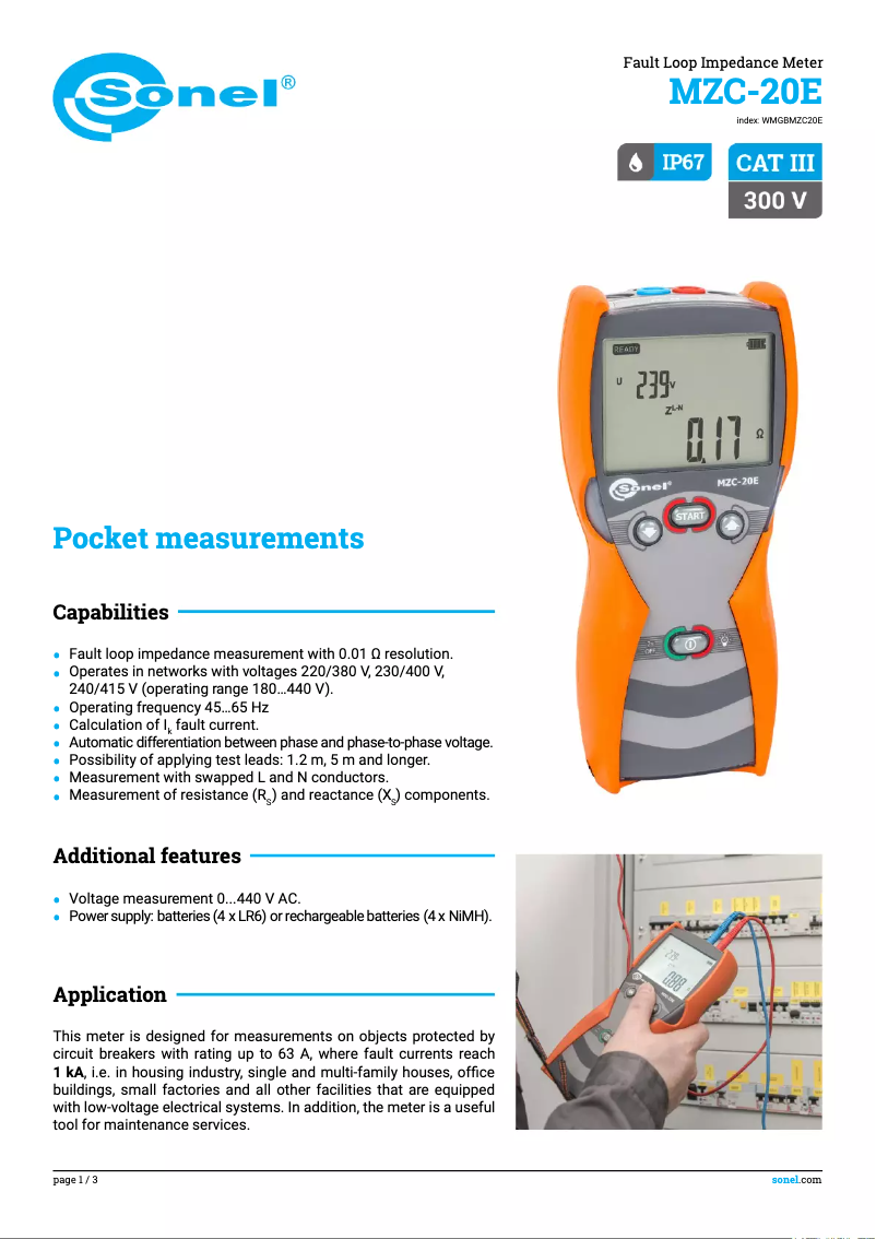 Página 1 del manual Ficha técnica Sonel MZC-20E