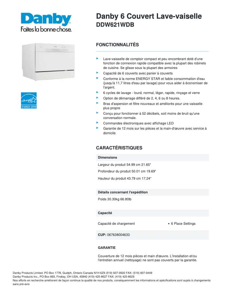 Page 1 de la notice Fiche technique Danby DDW621WDB
