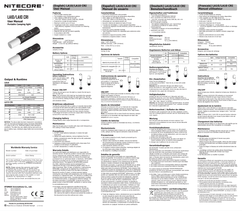 Page n°1 - Manuel utilisateur Nitecore LA10