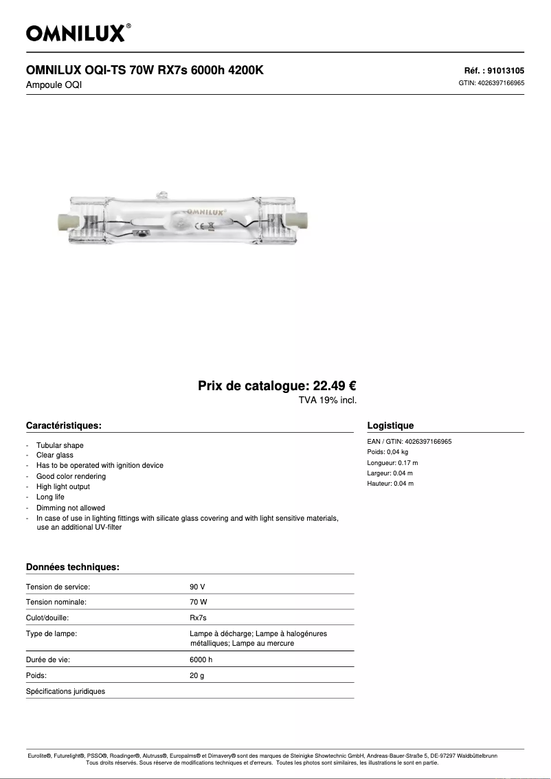 Page 1 de la notice Fiche technique Omnilux OQI-TS 70W