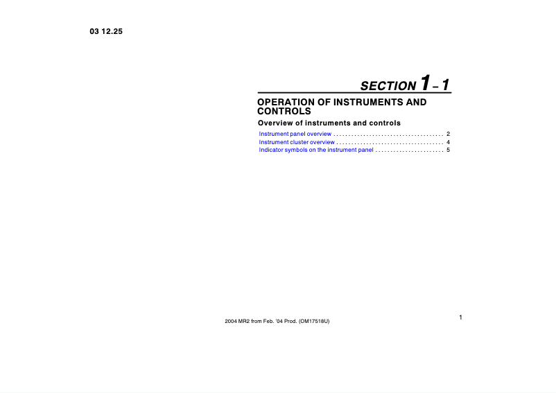 Image de la première page du manuel de l'appareil MR2 Spyder (2004)