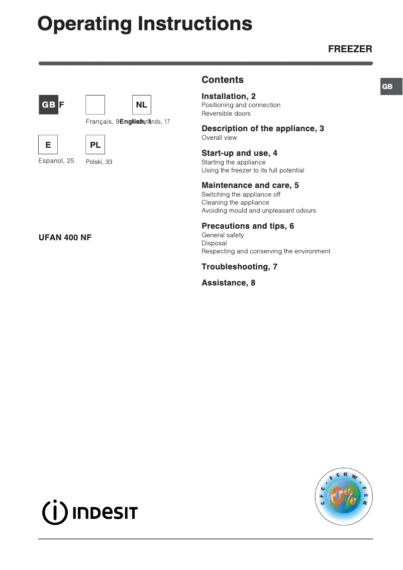 Page n°1 - Manuel utilisateur Indesit UFAN400NF