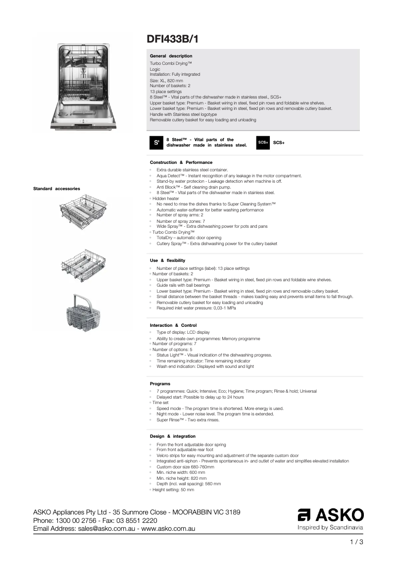 Page 1 de la notice Fiche technique Asko DFI 433 B/1