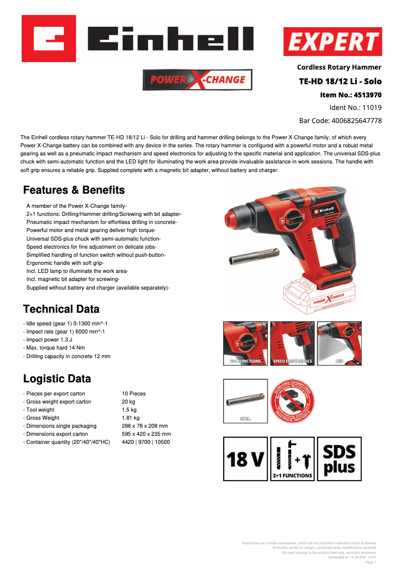 Page 1 de la notice Fiche technique Einhell TE-HD 18/12 Li - Solo