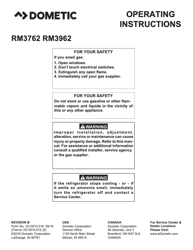 Page 1 de la notice Manuel utilisateur Dometic RM3762