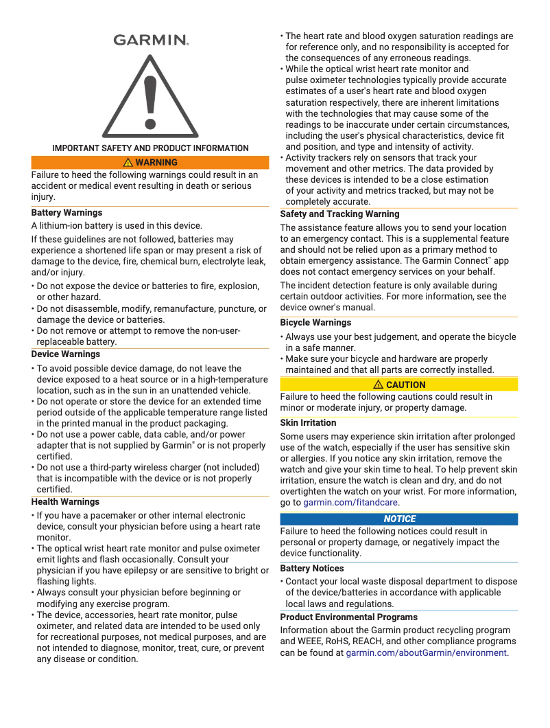 Page n°1 - Instructions de sécurité Garmin Vívomove Trend