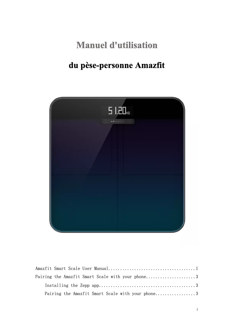 Page 1 de la notice Manuel utilisateur Amazfit Smart Scale Aurora