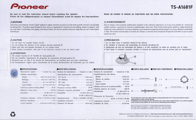 Page n°1 - Manuel utilisateur Pioneer TS-A1681F