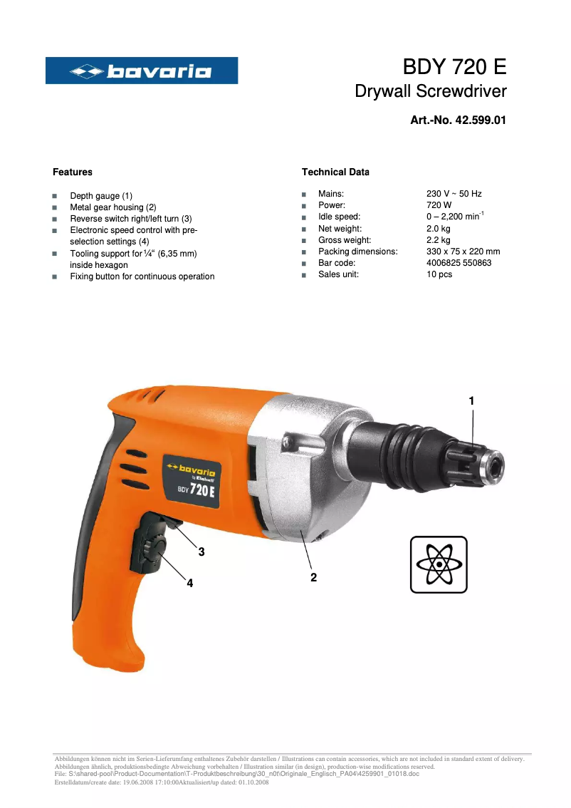 Page 1 de la notice Manuel utilisateur Bavaria by Einhell BDY 720 E