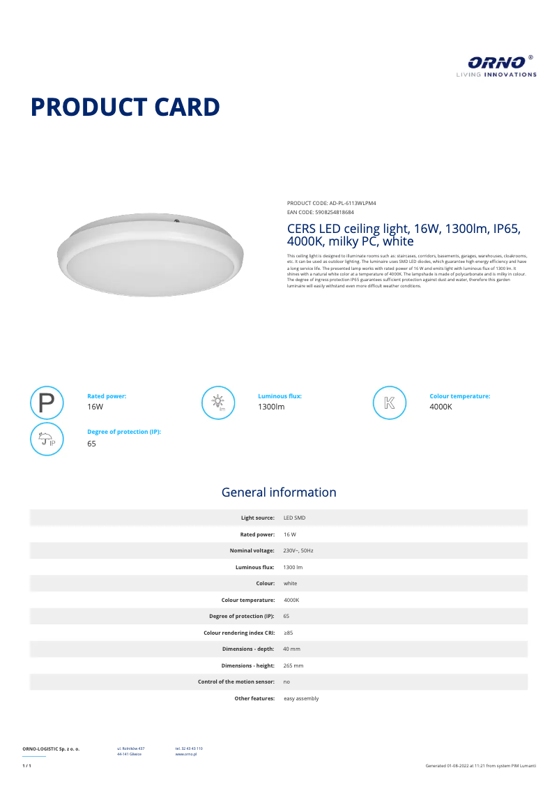Page n°1 - Fiche technique Adviti AD-PL-6113WLPM4