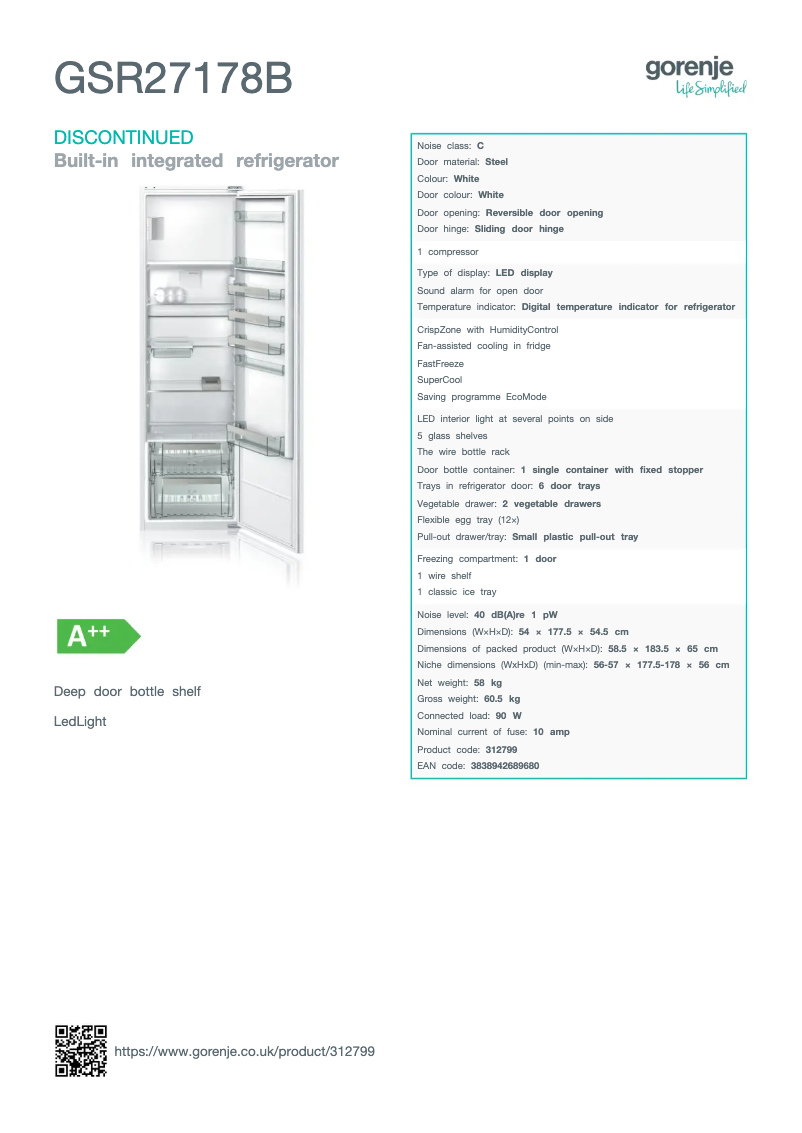Page n°1 - Fiche technique Gorenje GSR27178B