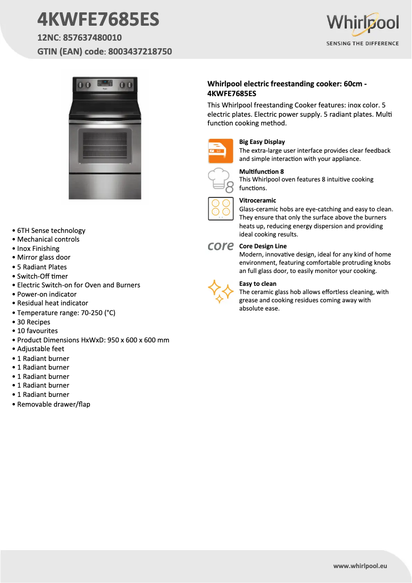 Page 1 de la notice Fiche technique Whirlpool 4KWFE7685ES