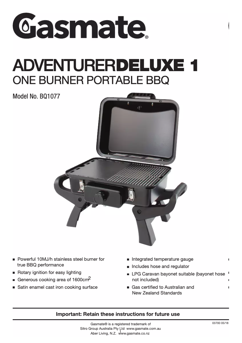 Page n°1 - Manuel utilisateur Gasmate Adventurer Deluxe BQ1077