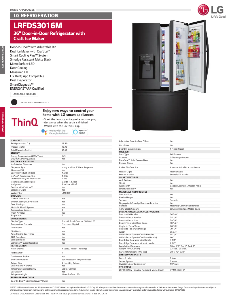 Page 1 de la notice Fiche technique LG LRFDS3016M
