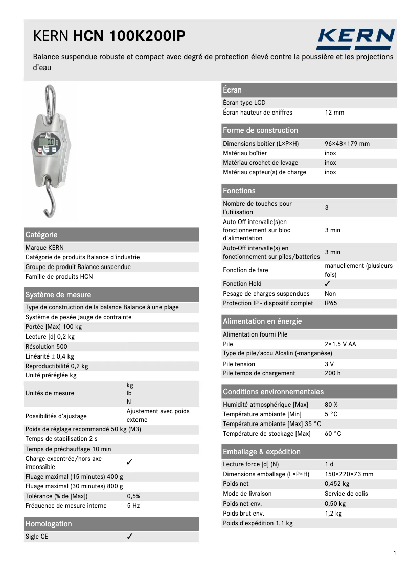 Page 1 de la notice Fiche technique Kern HCN 100K200IP