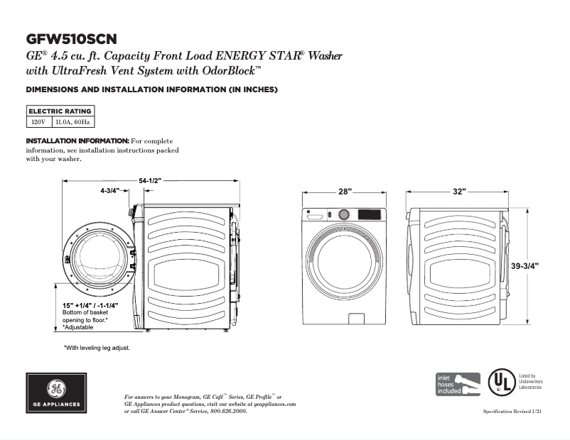 Page 1 de la notice Fiche technique GE GFW510SCNWW