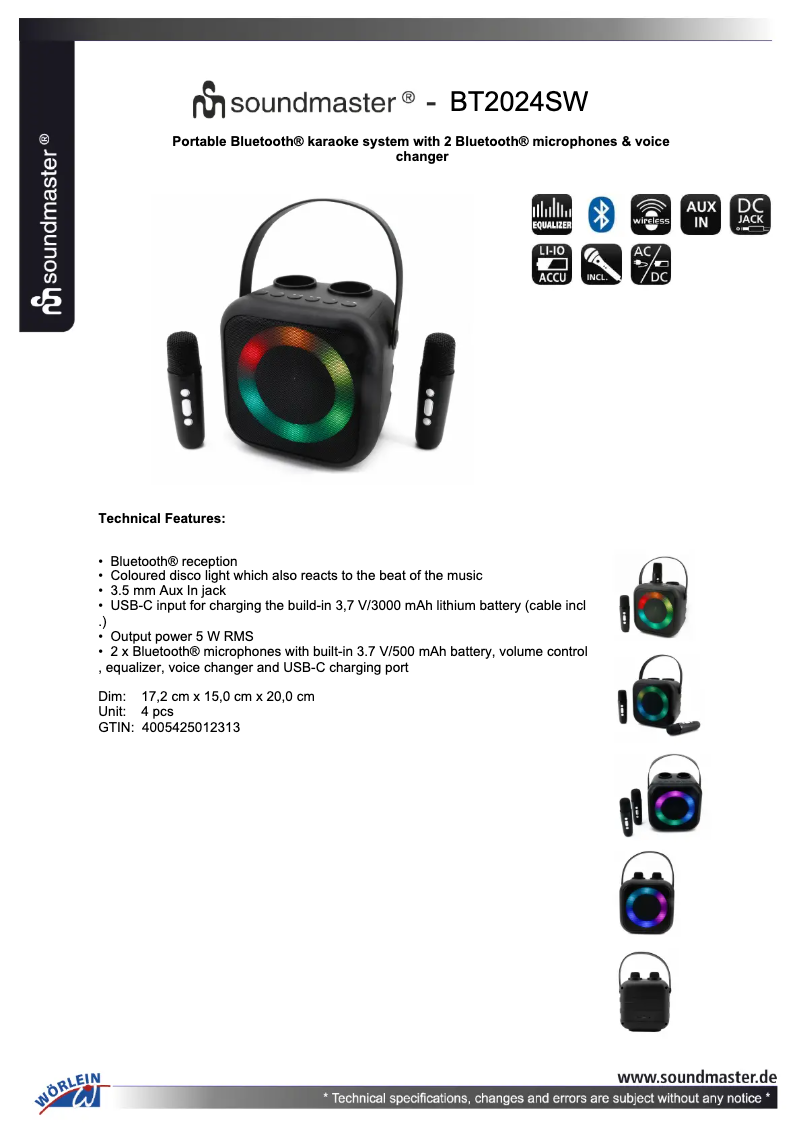 Page 1 de la notice Fiche technique Soundmaster BT2024