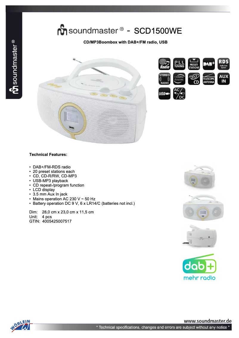 Page 1 de la notice Fiche technique Soundmaster SCD1500WE