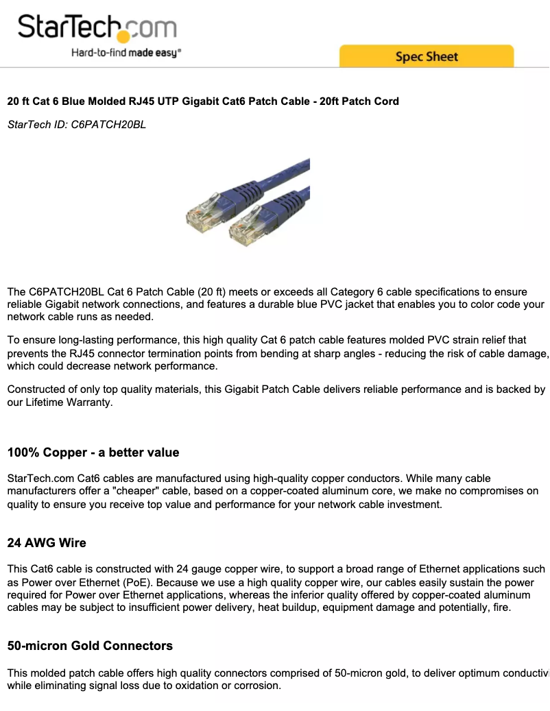 Page 1 de la notice Manuel utilisateur StarTech.com C6PATCH20BL