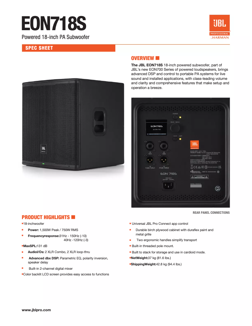 Page 1 de la notice Fiche technique JBL EON718S