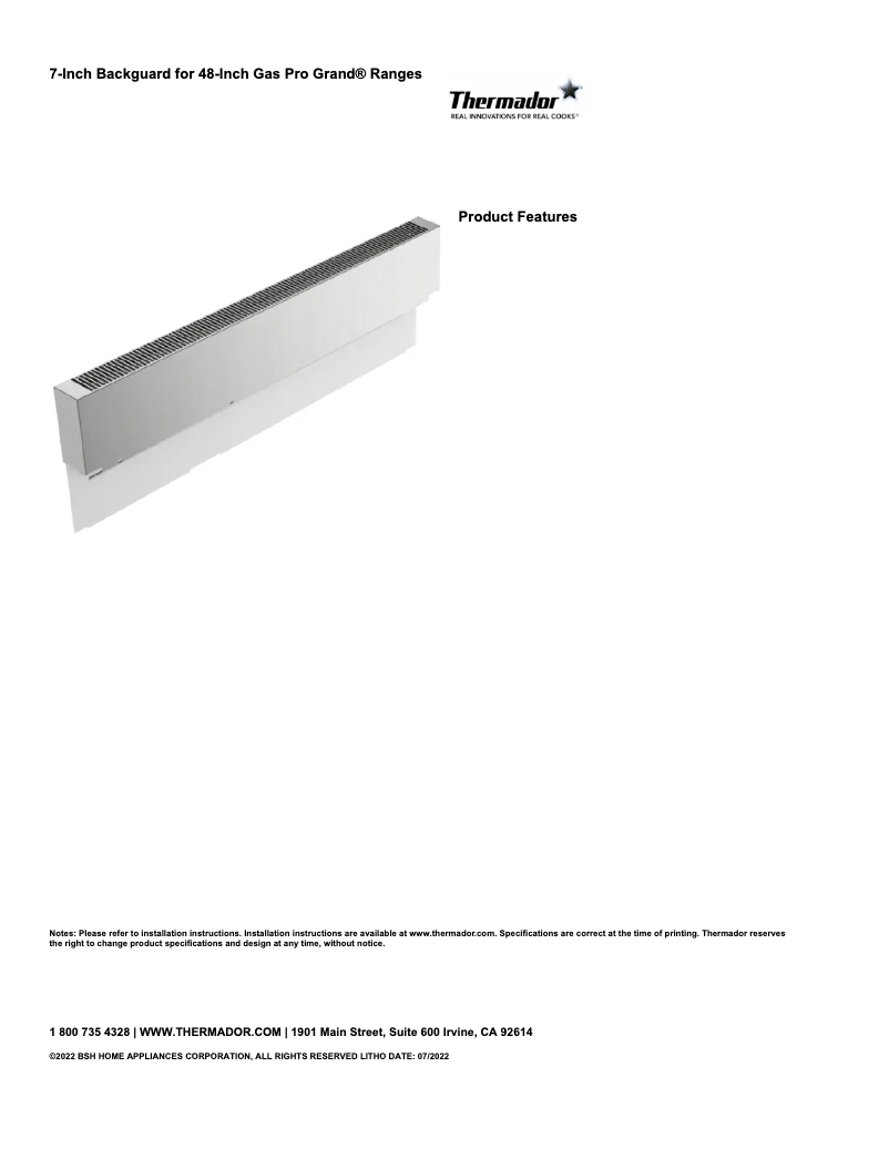 Page 1 of the manual Technical Sheet Thermador PA48WLBG