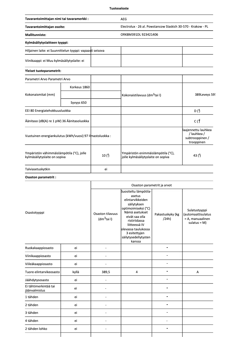 Page n°1 - Fiche technique AEG ORK8M391DL