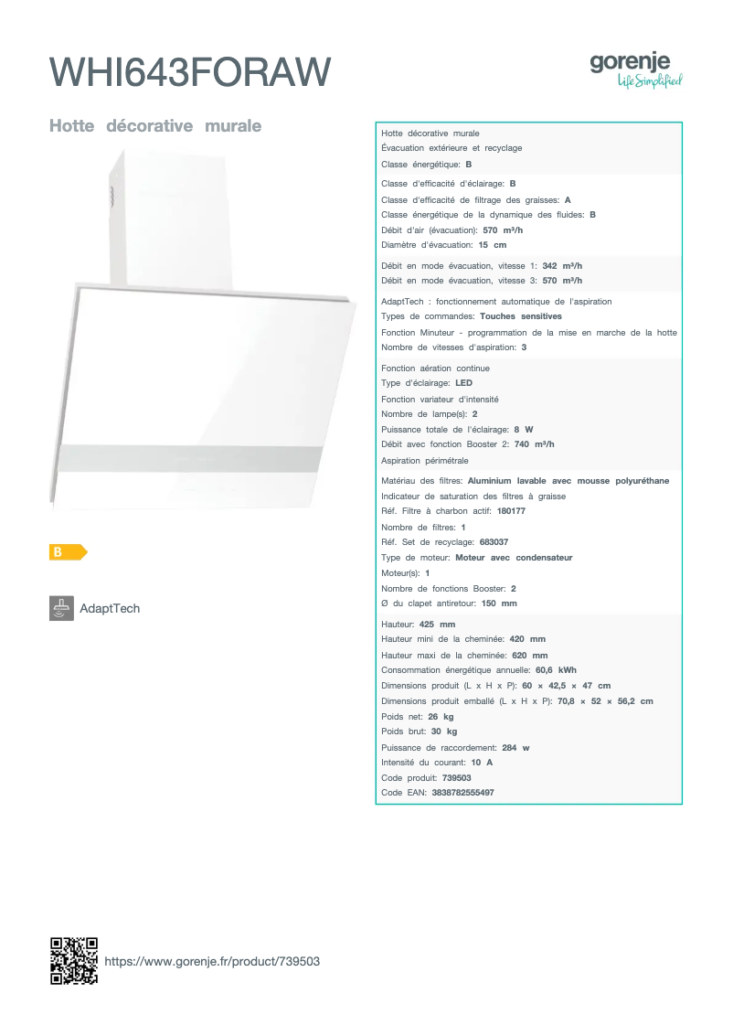Page n°1 - Fiche technique Gorenje WHI643FORAW
