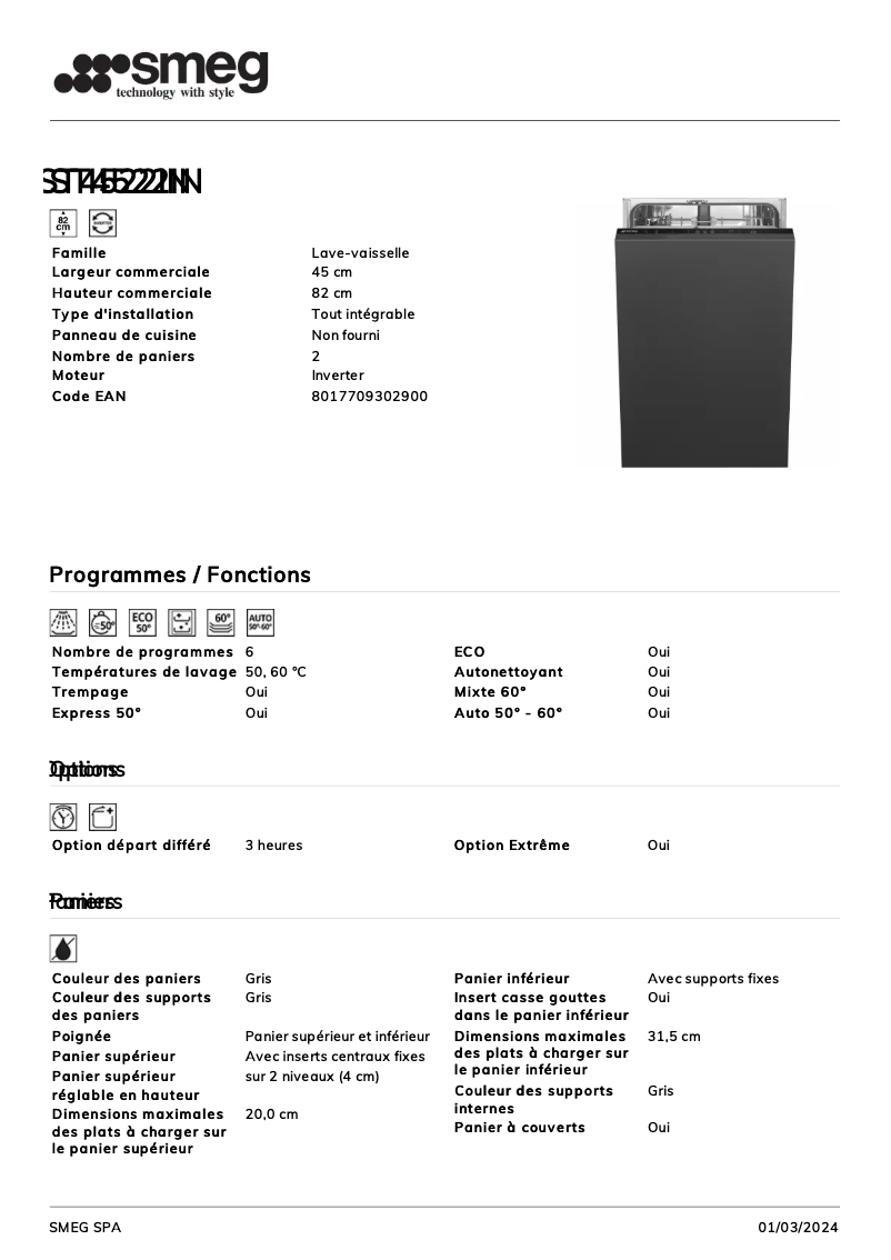 Page n°1 - Fiche technique Smeg ST4522IN