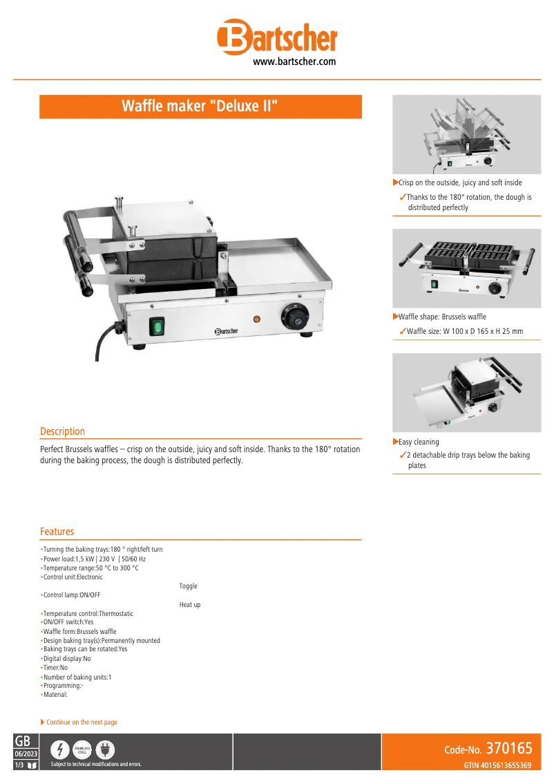 Page 1 de la notice Fiche technique Bartscher Deluxe II
