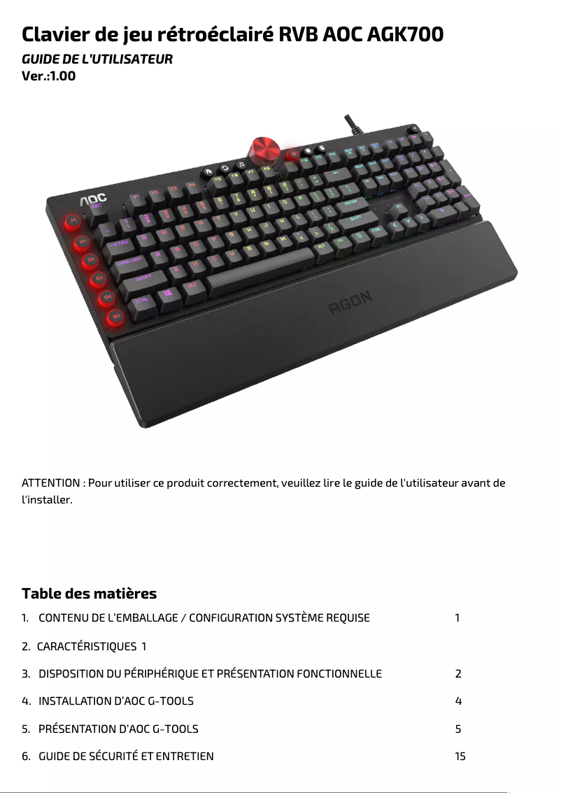 Page 1 de la notice Manuel utilisateur AOC AGON AGK700