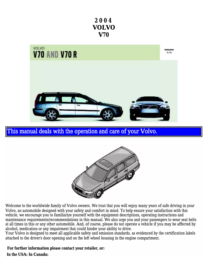 Page 1 de la notice Manuel utilisateur Volvo V70 R (2004)