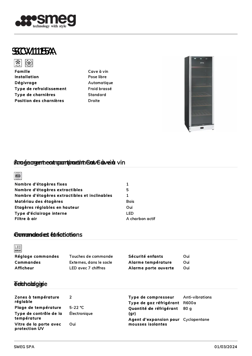 Page 1 de la notice Fiche technique Smeg SCV115A