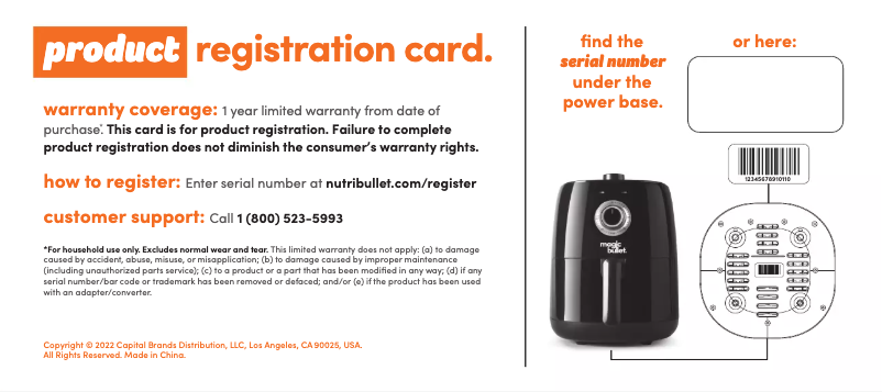 Page 1 de la notice Informations de garantie Magic Bullet Air Fryer