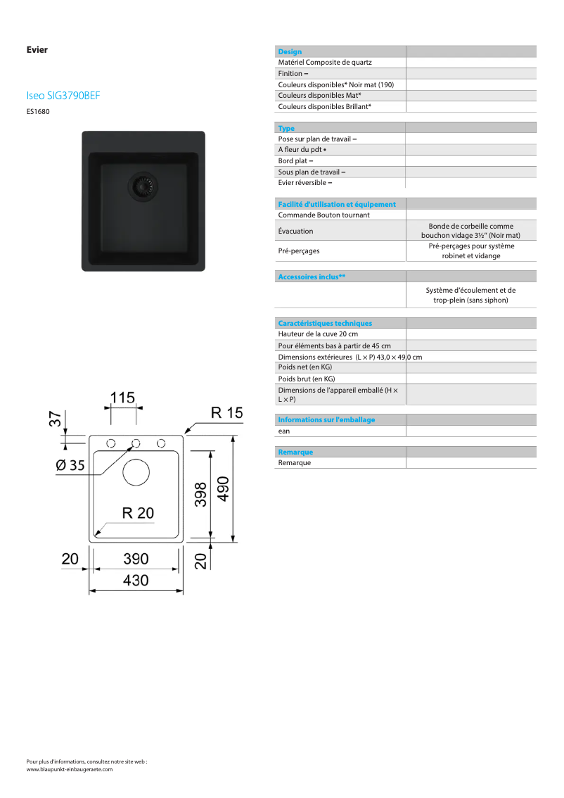 Página 1 del manual Ficha técnica Blaupunkt Iseo SIG3790BEF