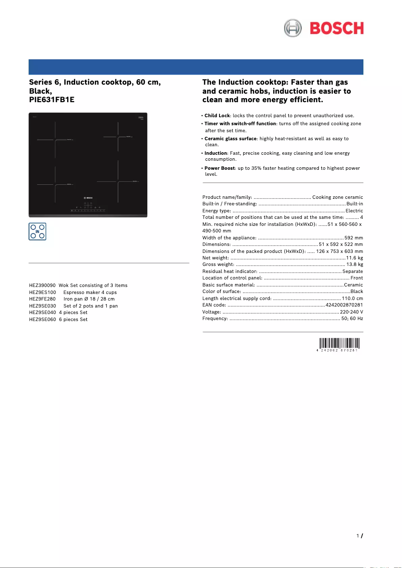 Página 1 del manual Ficha técnica Bosch PIE631FB1E