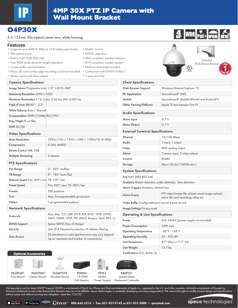 Página 1 del manual Ficha técnica Speco Technologies O4P30X