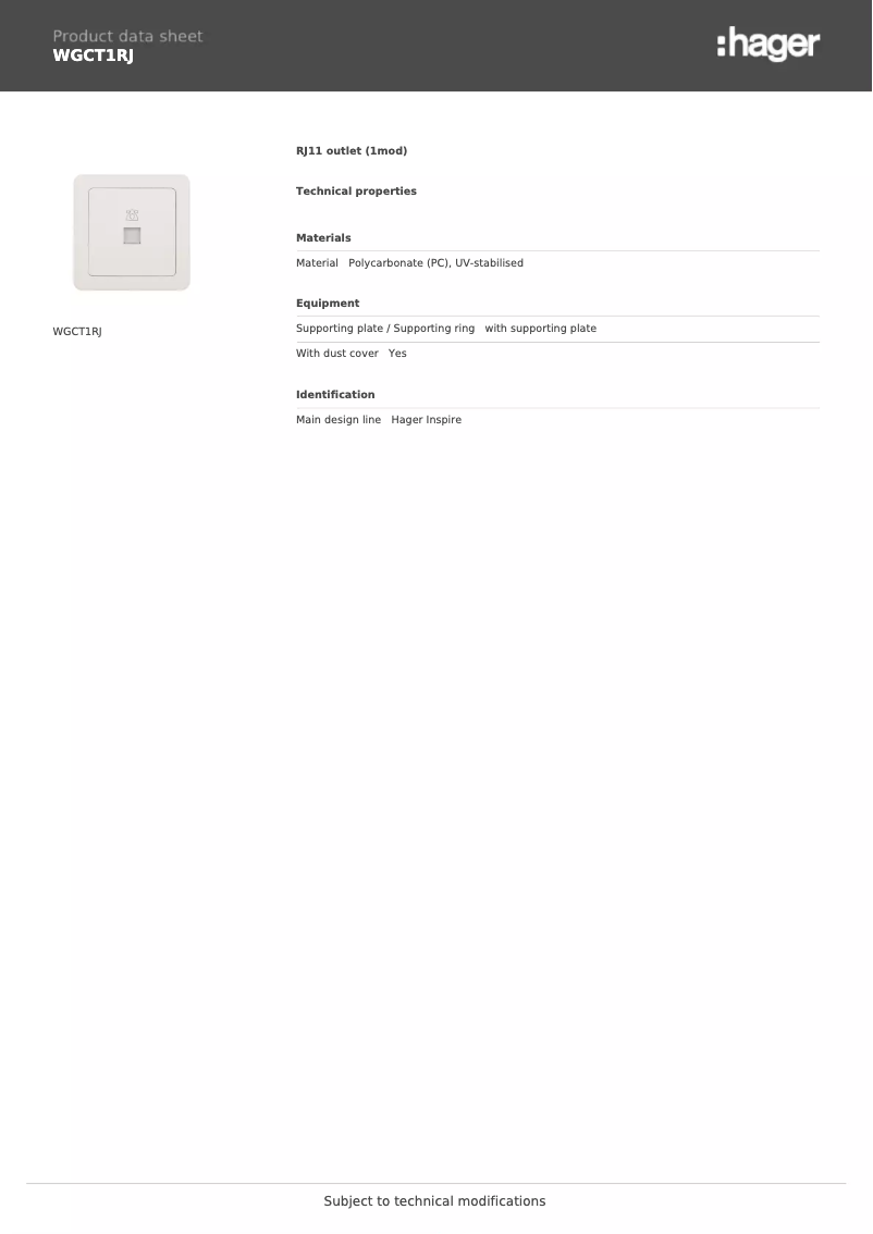 Page n°1 - Fiche technique Hager WGCT1RJ