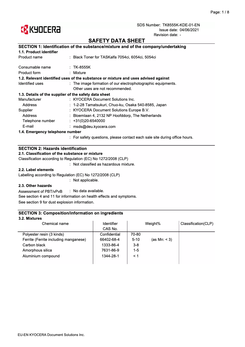 Page 1 de la notice Instructions de sécurité Kyocera TASKalfa 7054ci