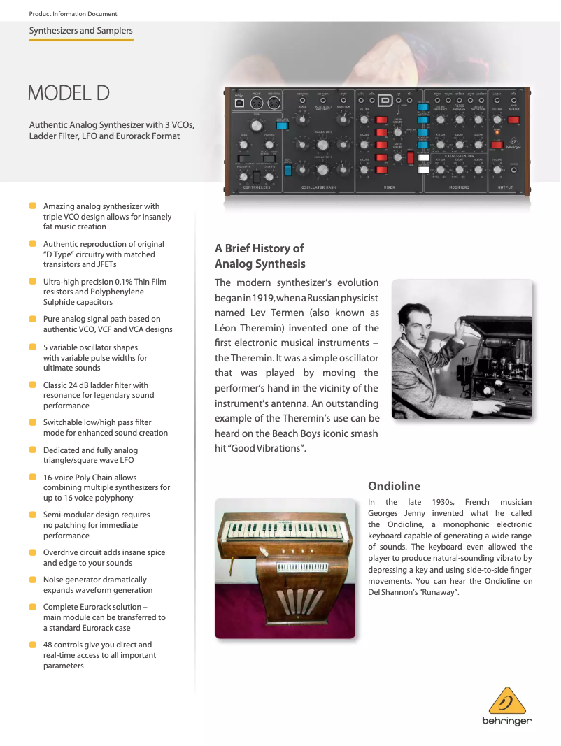 Page 1 de la notice Fiche technique Behringer Model D