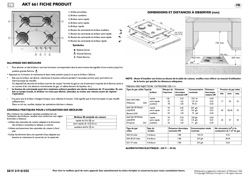 Page 1 de la notice Manuel utilisateur Whirlpool AKT661IXL