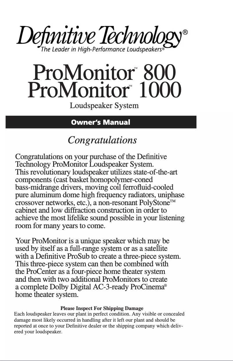Page 1 de la notice Manuel utilisateur Definitive Technology ProMonitor 1000