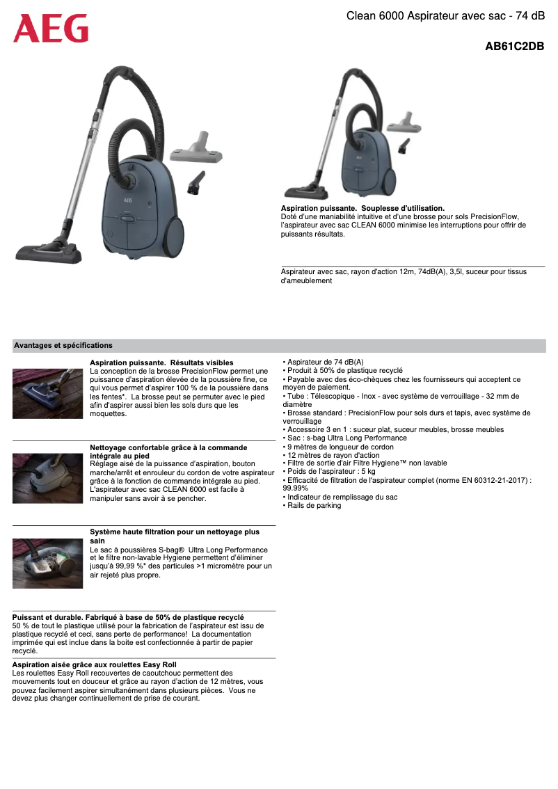 Page 1 de la notice Fiche technique AEG AB61C2DB