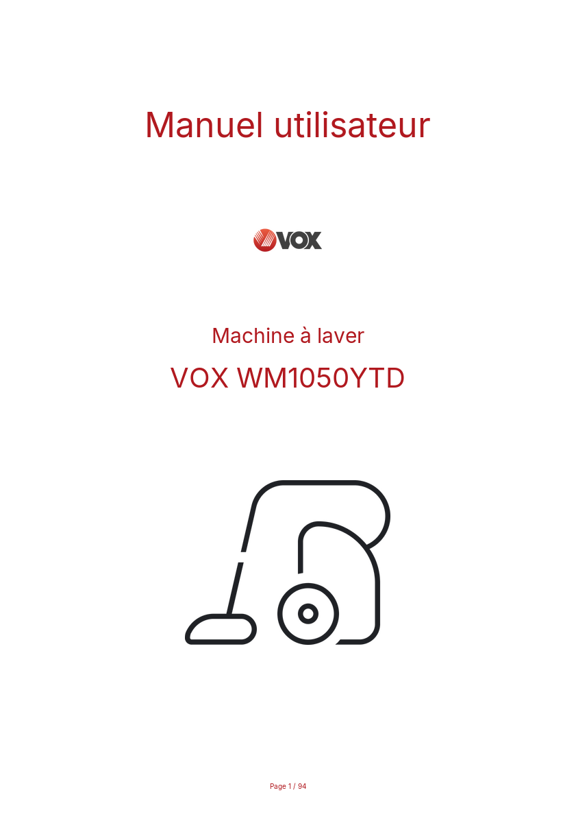 Page n°1 - Manuel utilisateur VOX WM1050YTD