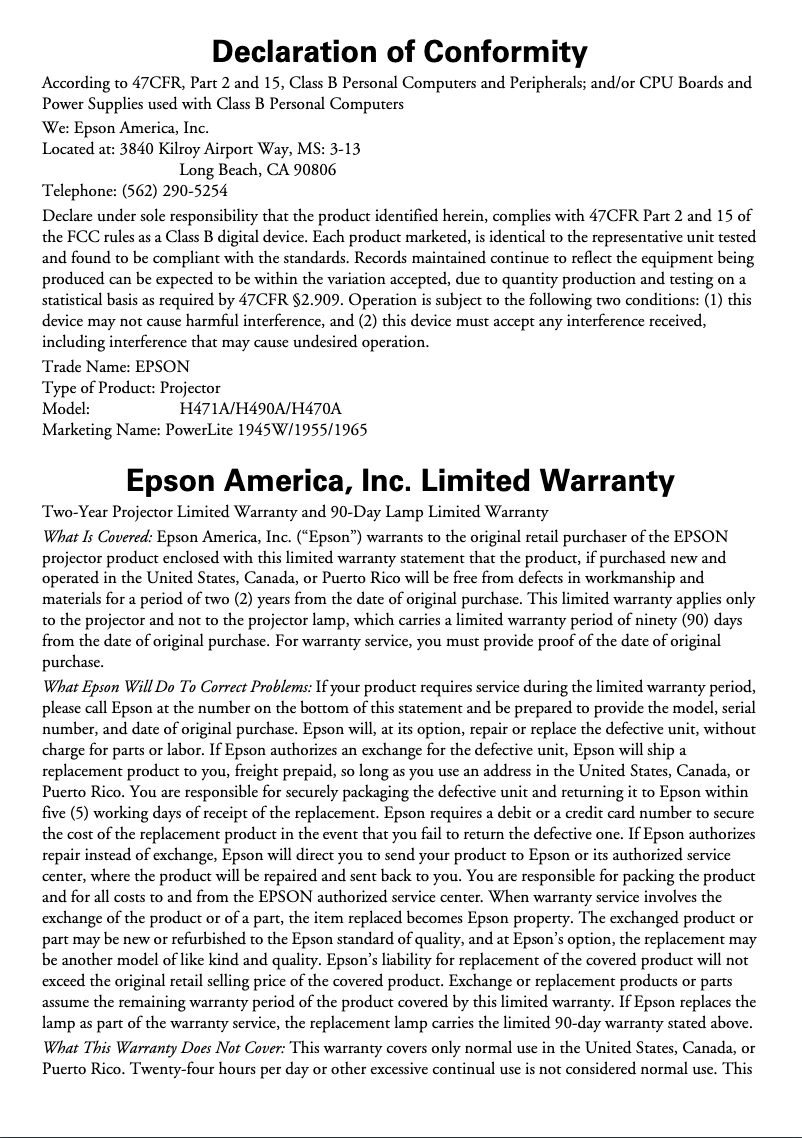 Page 1 de la notice Informations de garantie Epson PowerLite 1945W